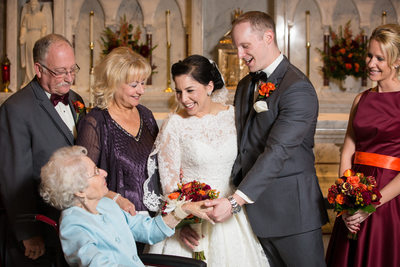 Church family formals with bride's family and grandma