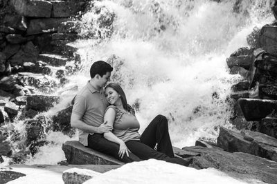 Longwood Gardens B&W Engagement Portrait by Waterfall
