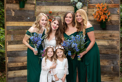 Bride and Bridesmaids with Twin Flower Girls