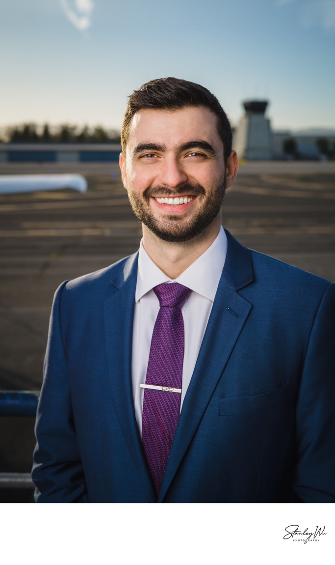 Executive headshot at Santa Monica Airport, golden hour Executive headshot at Santa Monica Airport, golden hour