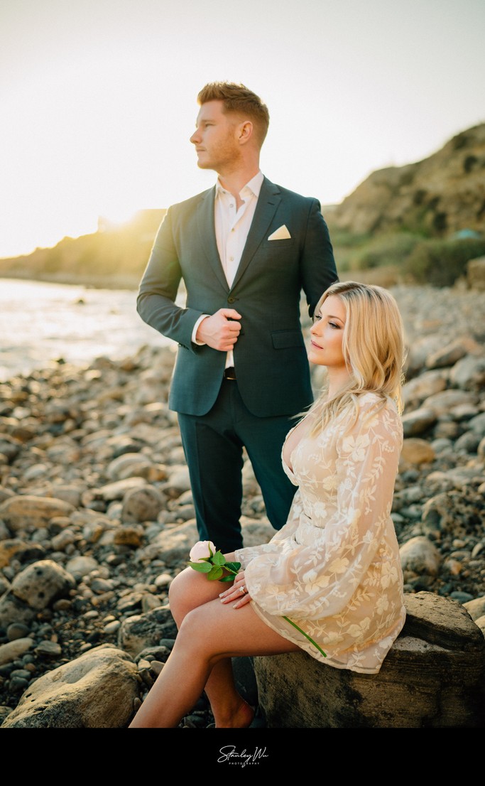 Golden Hour Engagement Portrait on the Rocks, Terranea Cove Beach Golden Hour Engagement Portrait on the Rocks, Terranea Cove Beach