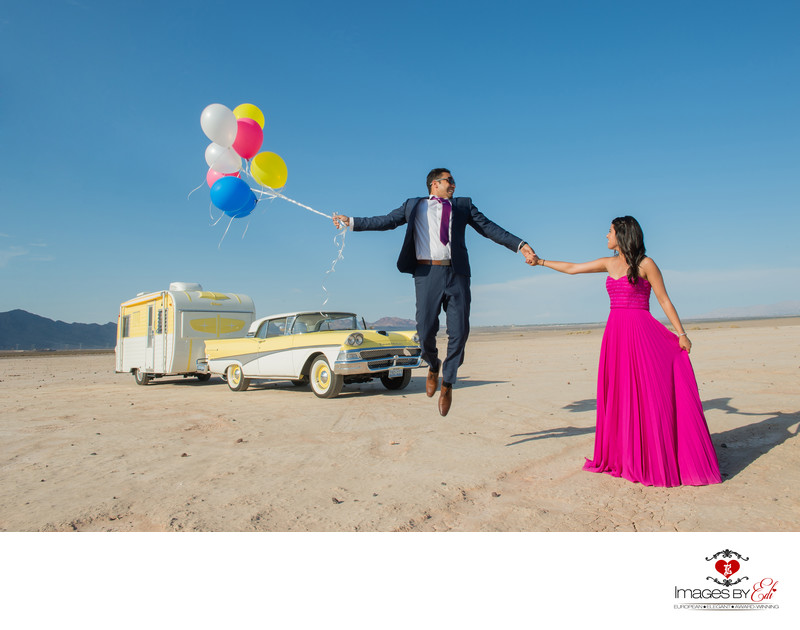 Dry Lake Bed Engagement Session with old car and balloons Dry Lake Bed Engagement Session with old car and balloons