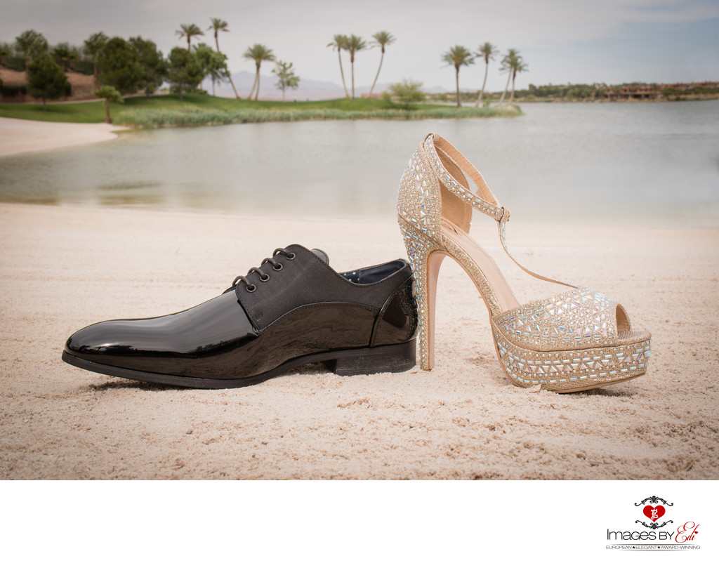 Las Vegas Reflection Bay Golf Course Las Vegas Wedding Photographer | Bride and groom's shoes together in the sand | Vegas Wedding Photography | Vegas  Elopement | Images by EDI
