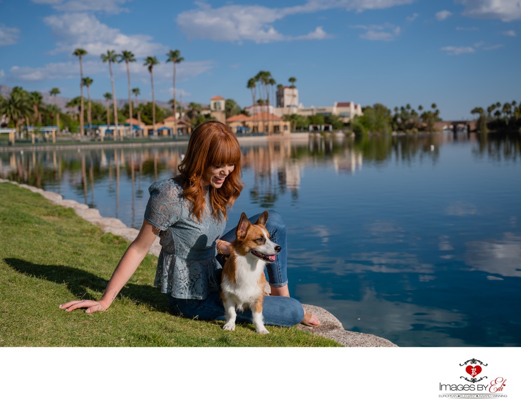 Las Vegas Family and Pet Photographer | Las Vegas Dog Photo session | Girl With Her Corgi By the Lakes at Las Vegas | Images By EDI 