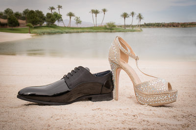 Las Vegas Reflection Bay Golf Course Las Vegas Wedding Photographer | Bride and groom's shoes together in the sand | Vegas Wedding Photography | Vegas  Elopement | Images by EDI