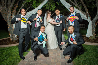 The Grove Las Vegas wedding Photography | Creative Las Vegas Wedding Photographer |Groom and groomsmen with superhero T-shirts under their shirts at Las Vegas Wedding | Images by EDI