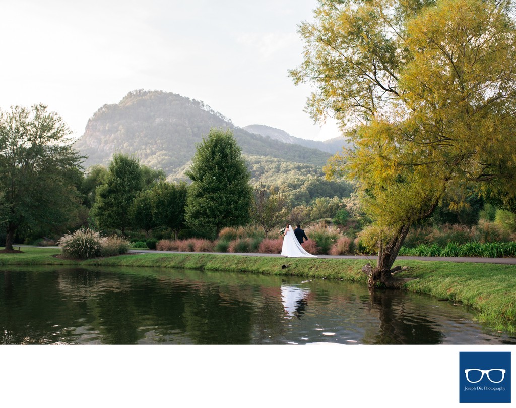 Couple Enjoying a Stroll After Their Lake Lure Wedding