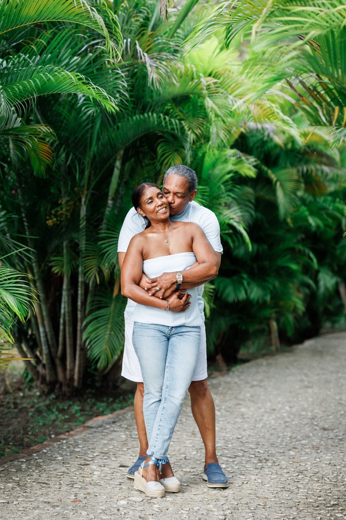Heather David kiss on cheek Rose Hall path Jamaica Heather David kiss on cheek Rose Hall path Jamaica