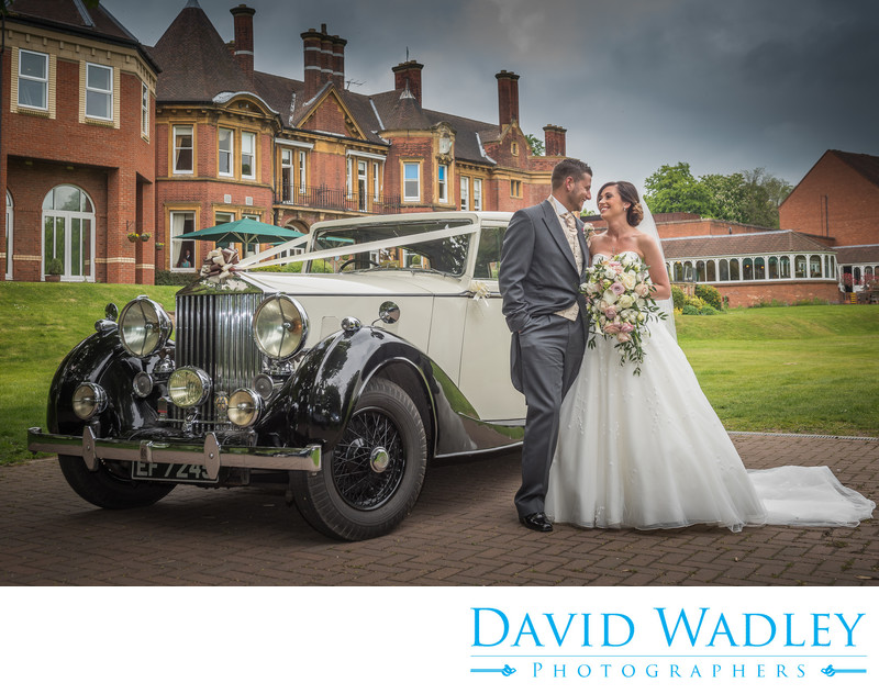 Bride & Groom photograph outside Moor Hall Hotel Sutton Coldfield.