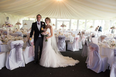 Bride & Groom in marquee at Nailcote Hall.