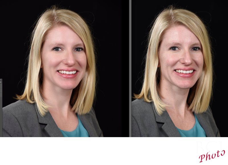 Headshot before and after facial skin retouching