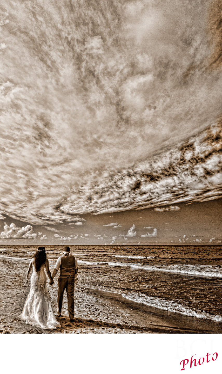 Infrared Wedding Image of bride and groom on a Beach
