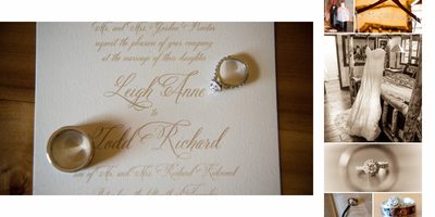 A wedding album page featuring closeup of wedding rings