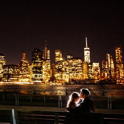 Brooklyn Bridge Park engagement photo Manhattan skyline