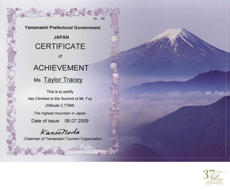 Certificate of Achievement for Climbing Mt Fuji