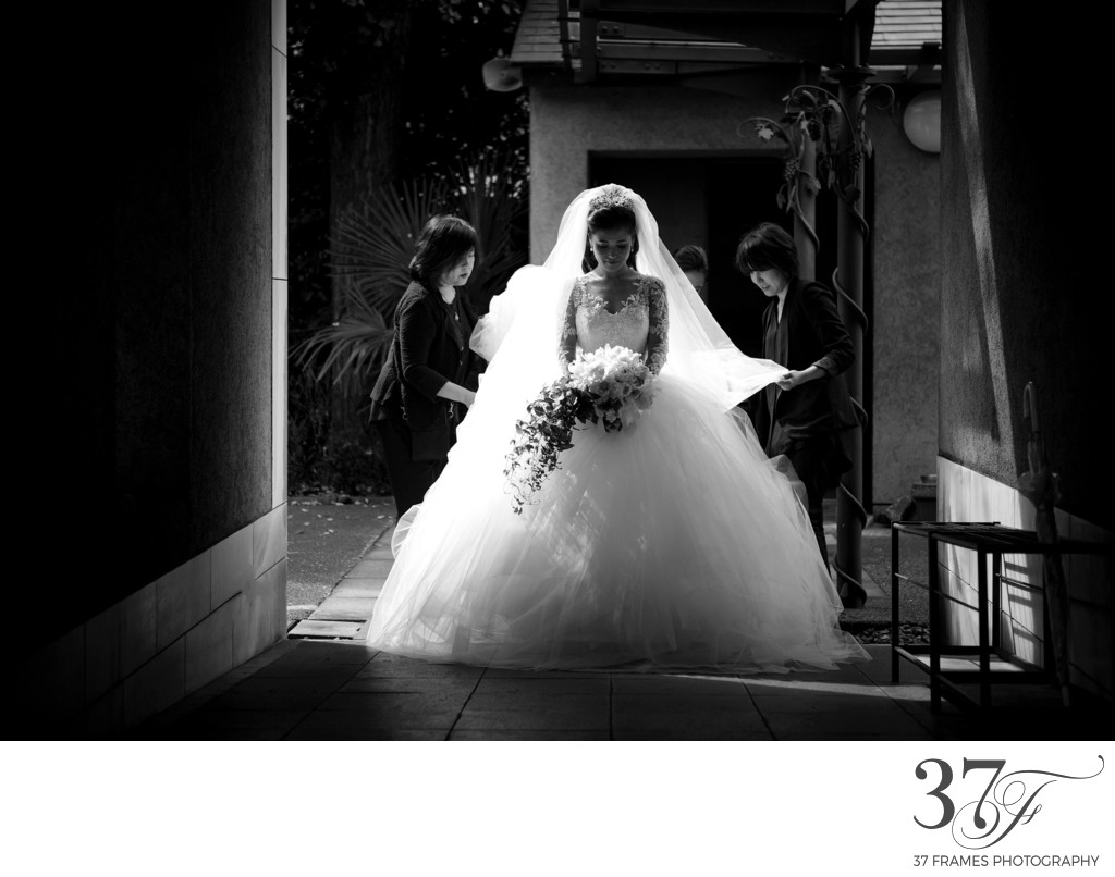 Backlit Bride getting ready to enter the Church | Tokyo