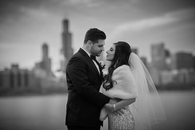 Black and White Wedding Portrait, Chicago Skyline