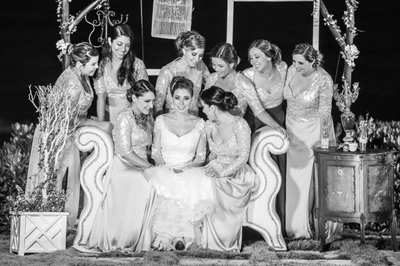 Wedding reception: Smiling Bridesmaids and Bride