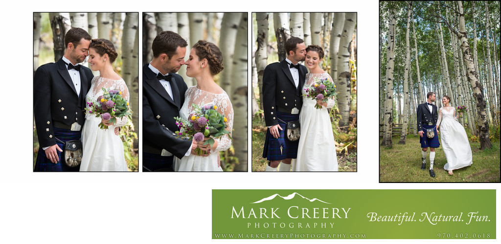 Couple kiss and walk through aspens at Perry Mansfield wedding