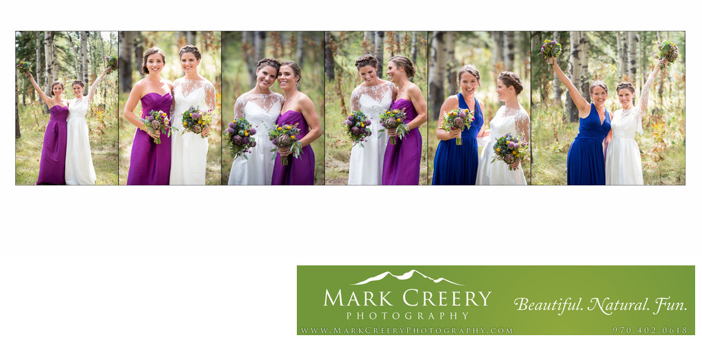 Bride with bridesmaids laughing at Perry Mansfield Performing Arts