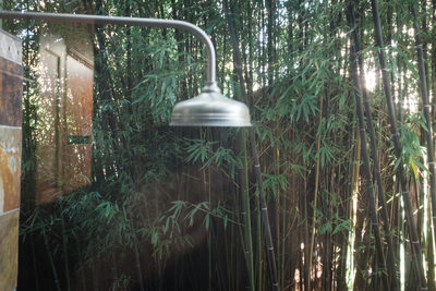 The outdoor shower at the Zen Garden House in Berkeley