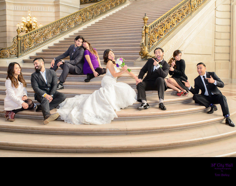 bridal party on grand staircase