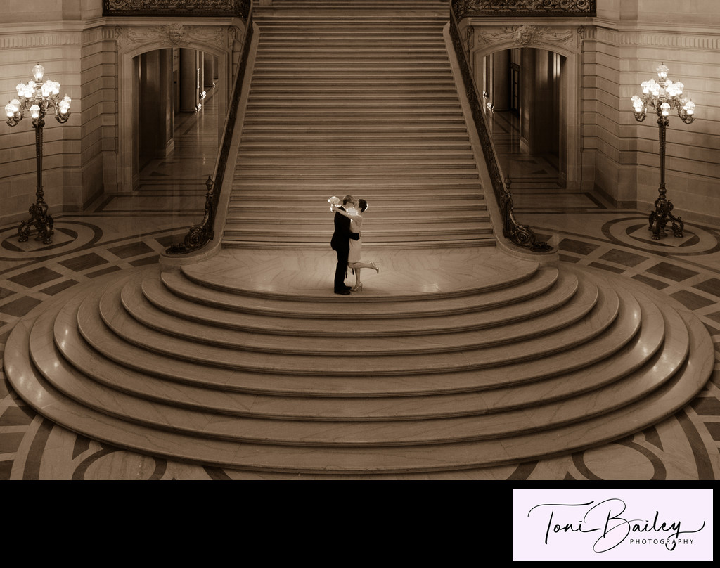 San Francisco City Hall Wedding Photographer staircase night lit