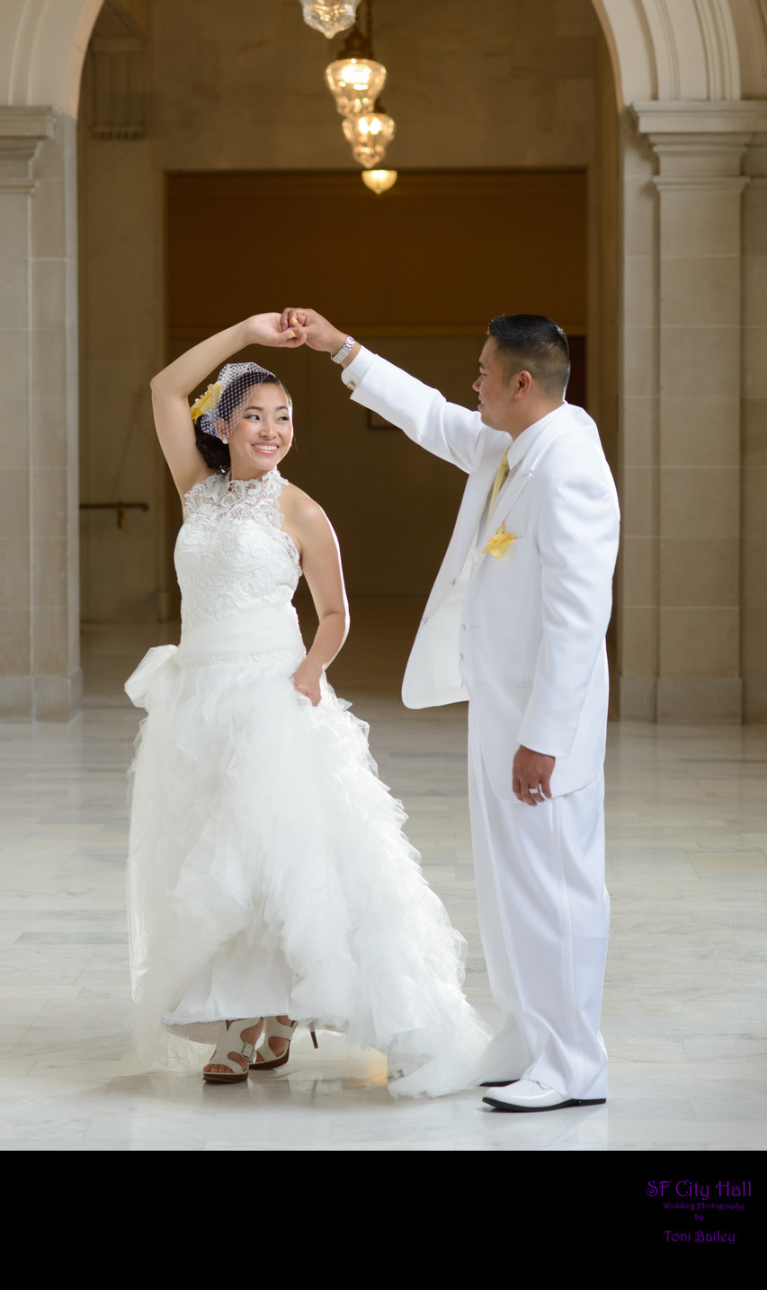 White Wedding tux with Asian Couple at San Francisco City Hall