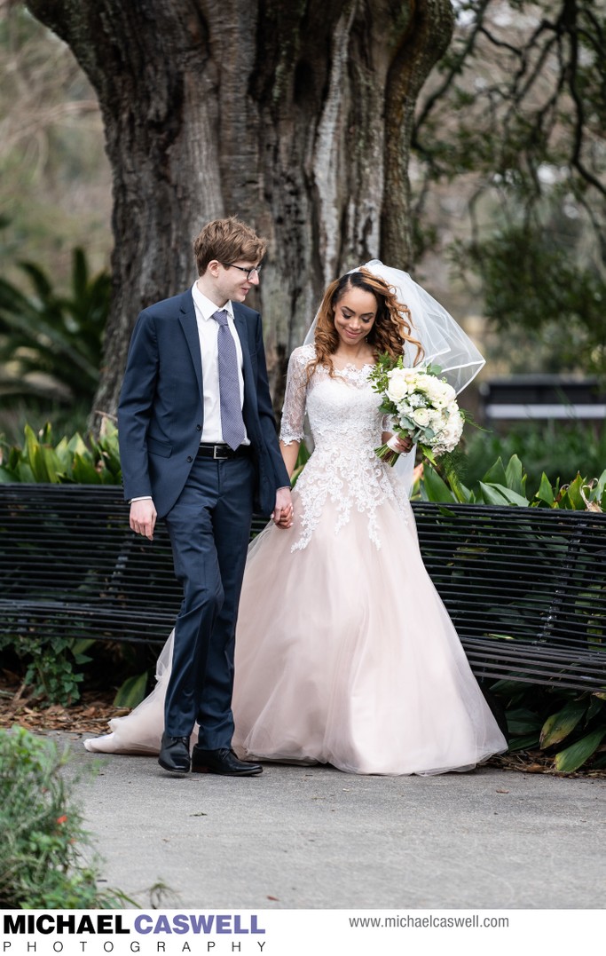 Newly Married Couple Walks in Audubon Park