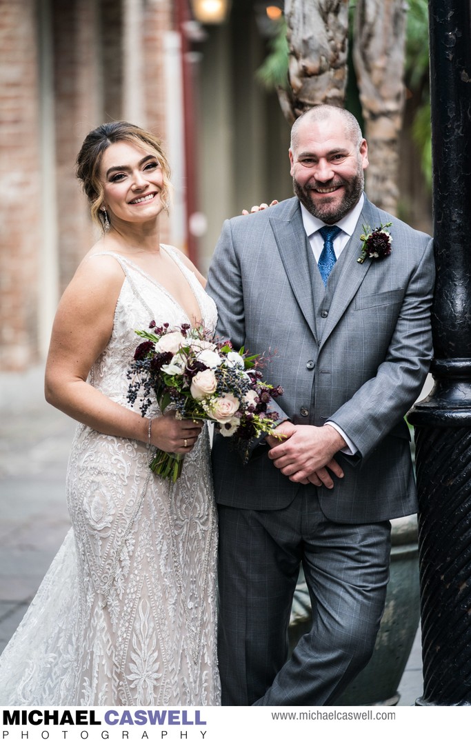 Portrait of bride and groom in Exchange Place