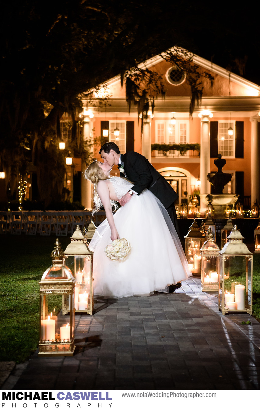 Bride and Groom Portrait in front of Southern Oaks