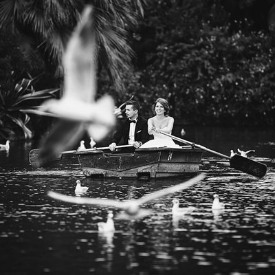 Barcelona Bride and Groom rowing midst of seagulls