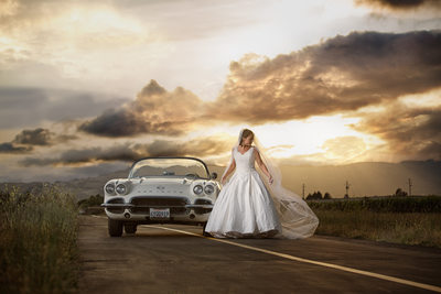 Timeless Bride & Classic Car Under Sunset Sky