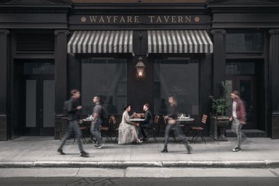 Wayfare Tavern Dramatic Wedding Scene - Couple Toasting