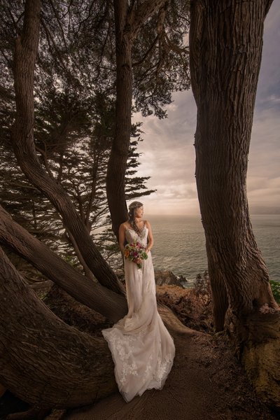 beautiful bride looks at the the sunset near Land's End SF 