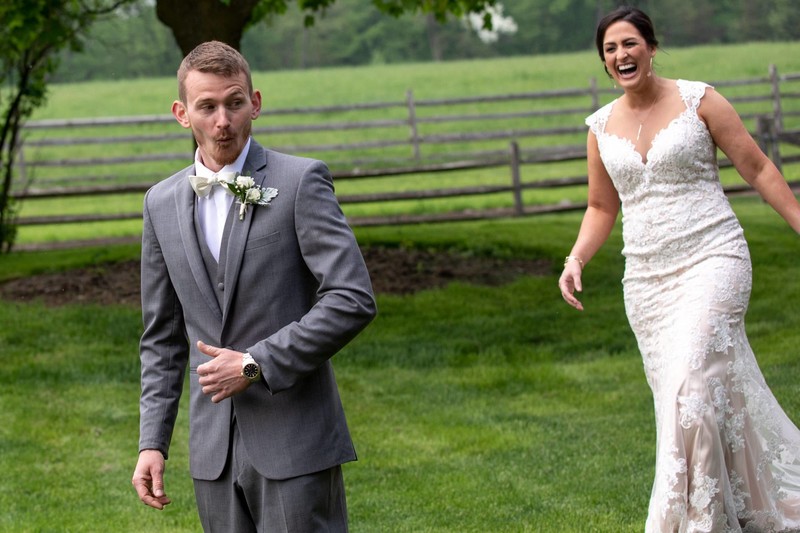 Groom reaction during first look at Ironstone Ranch