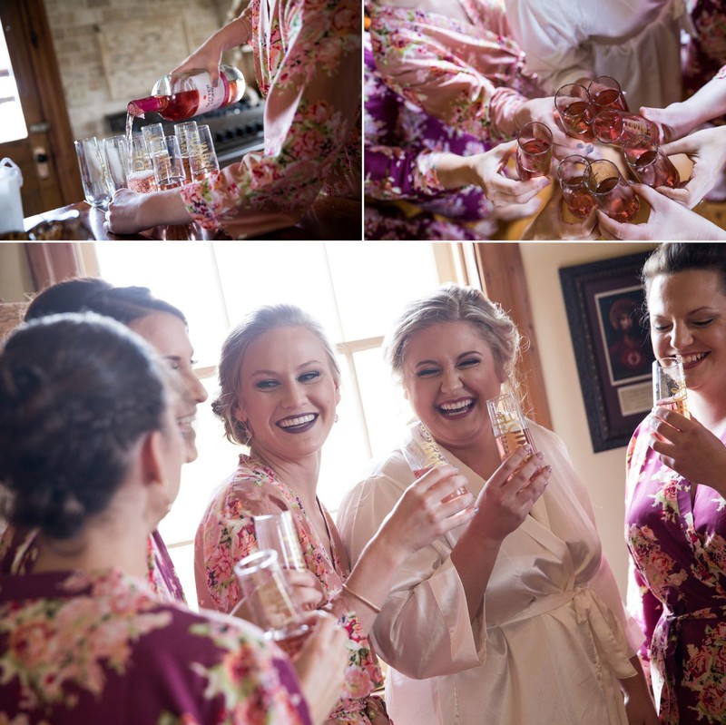 Bride and bridesmaids toasting in getting ready robes