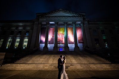 Nighttime Wedding Photos on Franklin Institute Steps