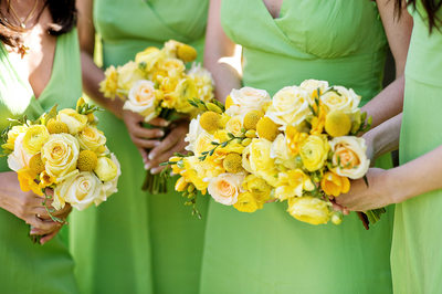 Wedding Details - Bridal Party Bouquets and Green Dresses