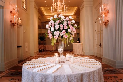 Guest Table Cards with Pink Roses at the Hotel Casa Del Mar