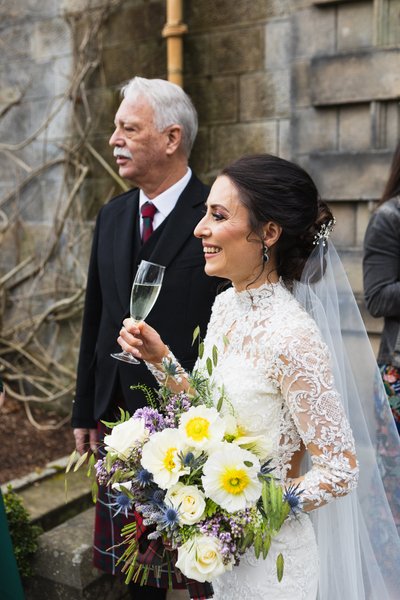 Bride champagne laugh Pollok House garden Bride champagne laugh Pollok House garden