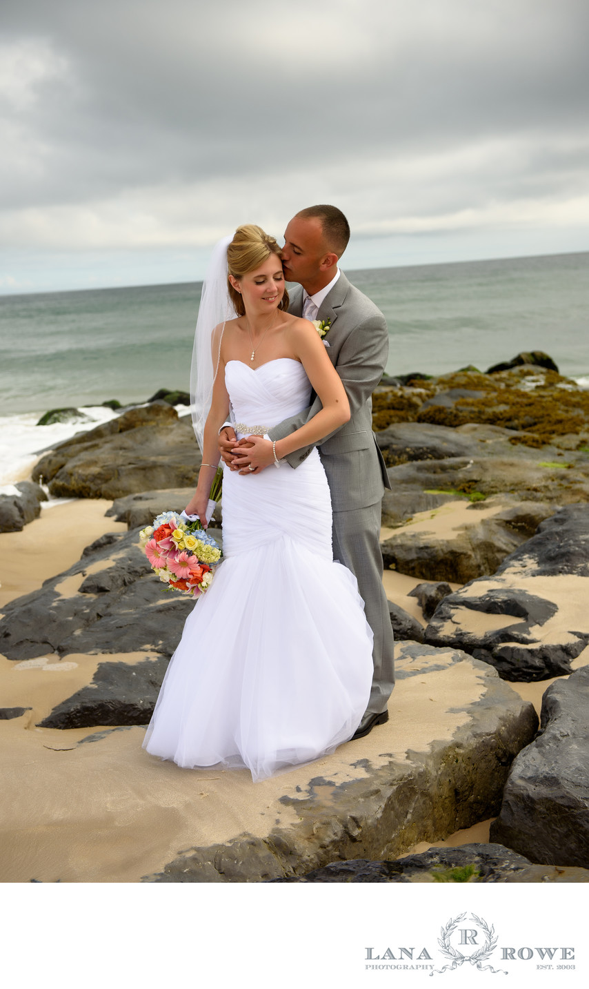 Oceanbleu, Westhampton  bride and groom on the rocks