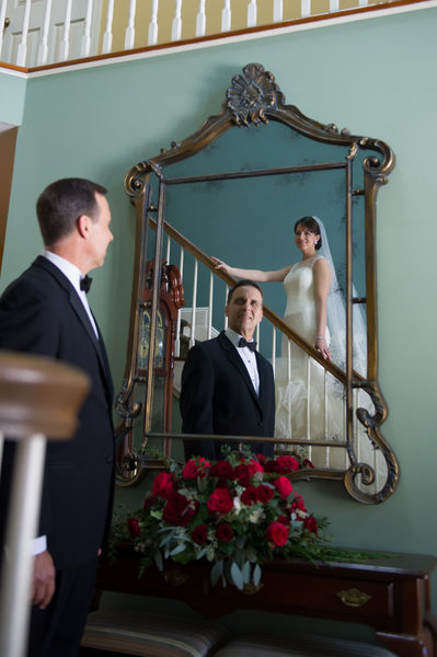 Bride and father first look Bourne Mansion