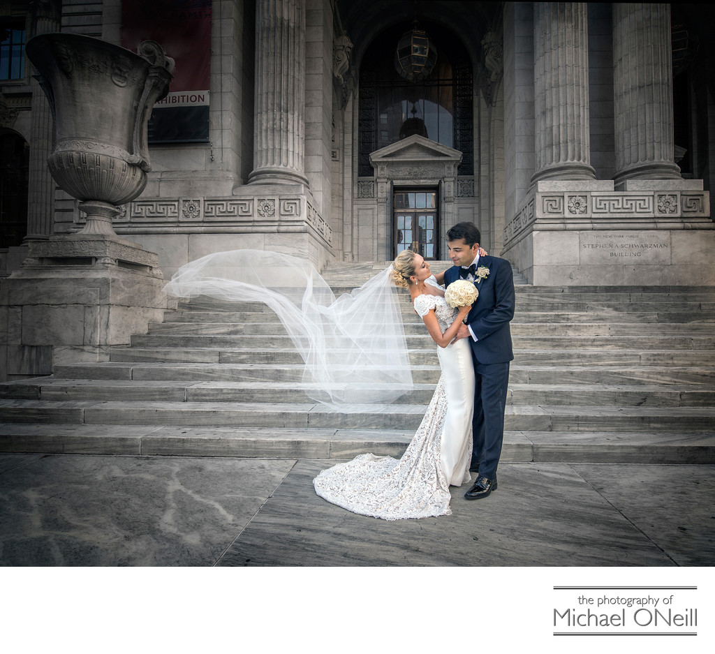 NYC Library Wedding Veil Blowing in the Wind Photo