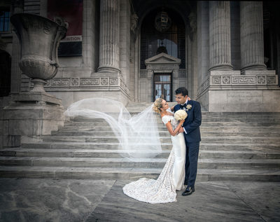 NYC Library Wedding Veil Blowing in the Wind Photo
