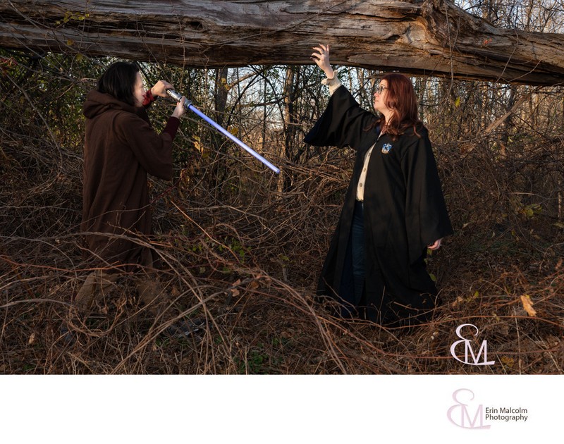 Jedi and Harry Potter themed engagement session, Latham NY