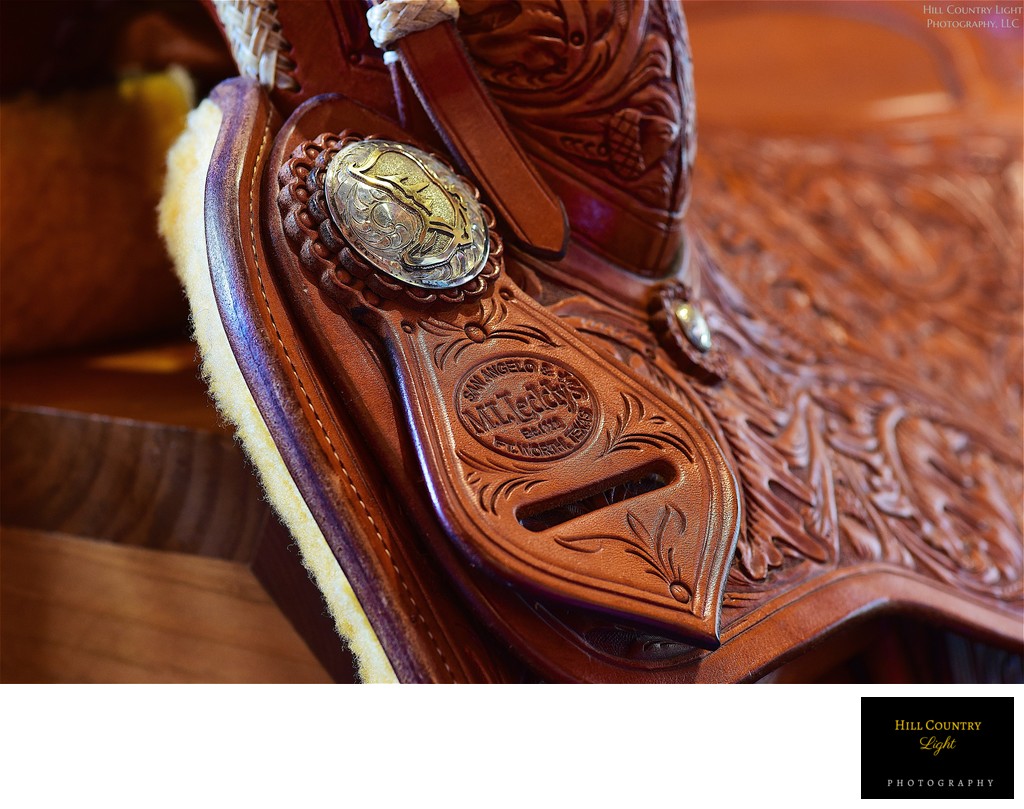 Hand tooled leather saddle in the Boot Ranch Golf Shop