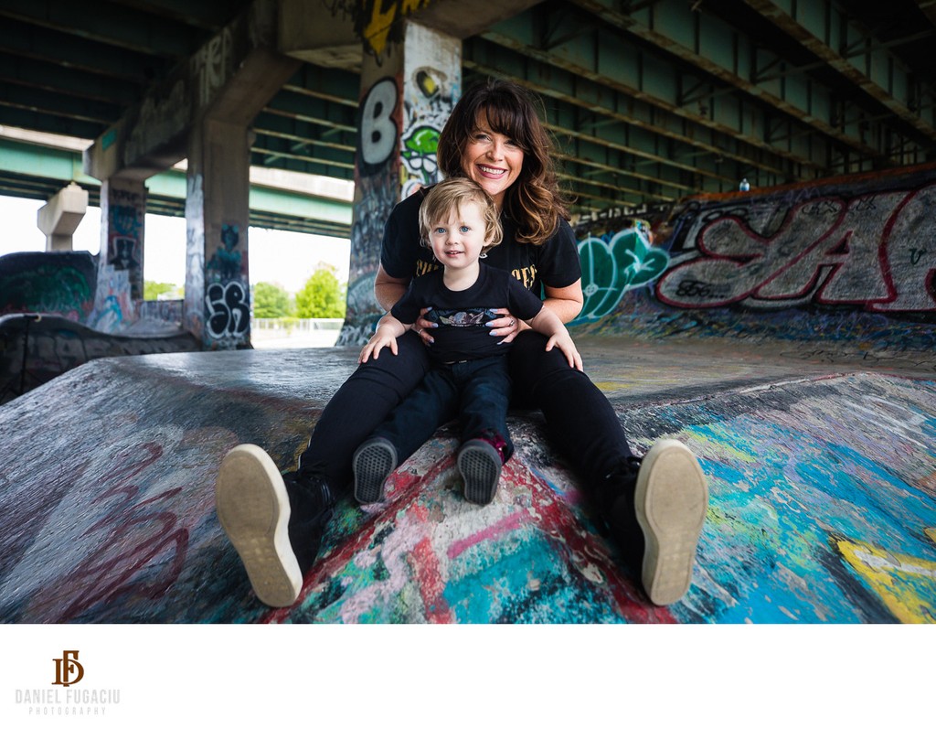 Mommy and son portrait at the FDR Skatepark ramps