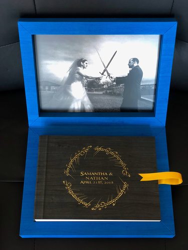 Maple gold foil engraved wedding album with lotr ring