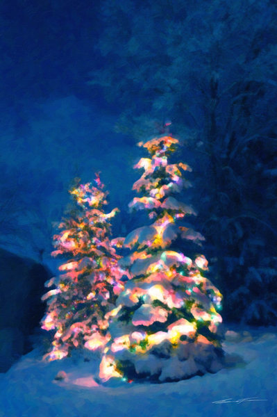 Christmas Trees on a Snowy Night, Painting